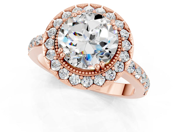 Rose gold Round Cut Moissanite Halo Ring with Pavé Band and Prong Setting