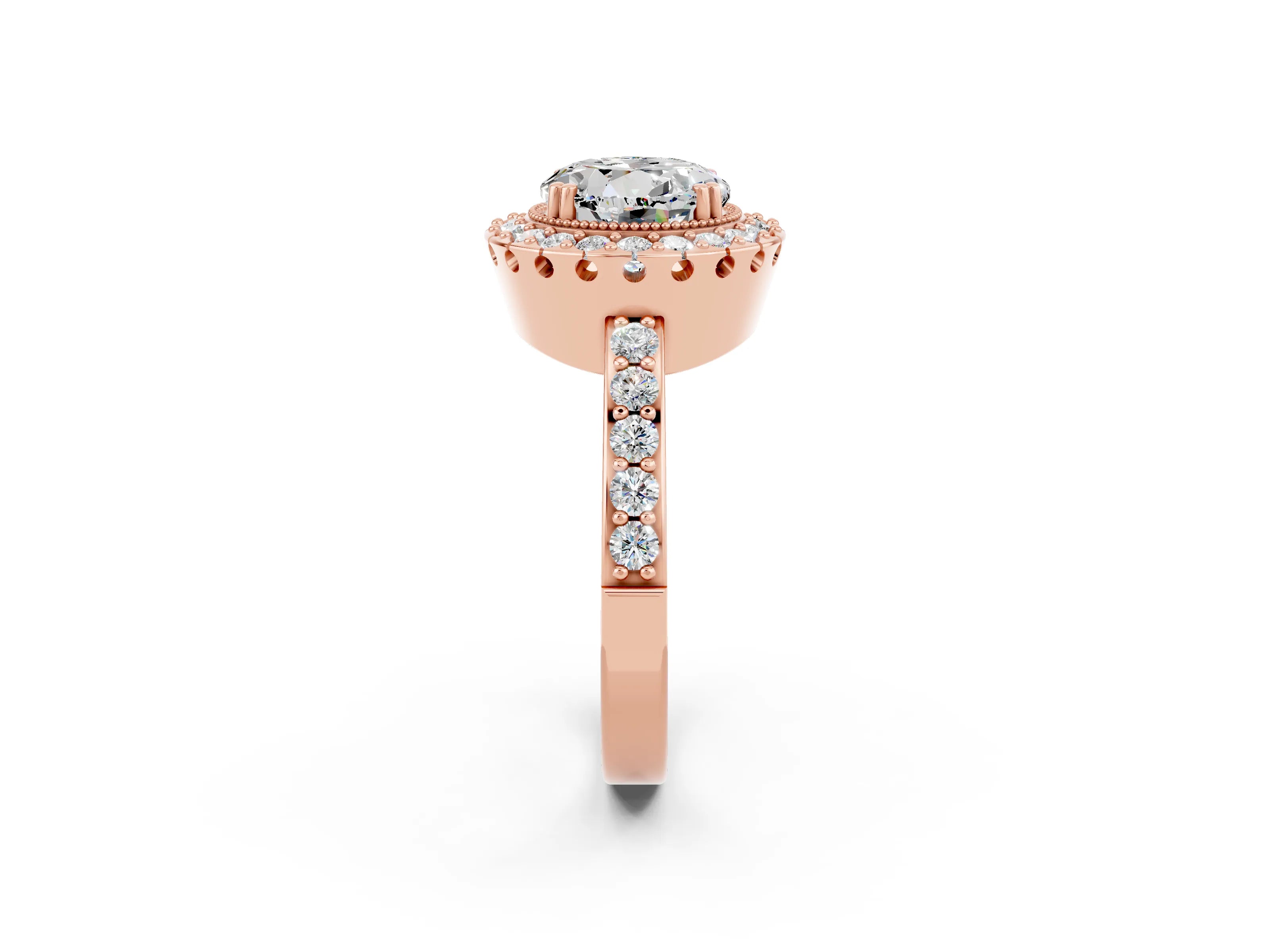 Rose gold Round Cut Moissanite Halo Ring with Pavé Band and Prong Setting_2