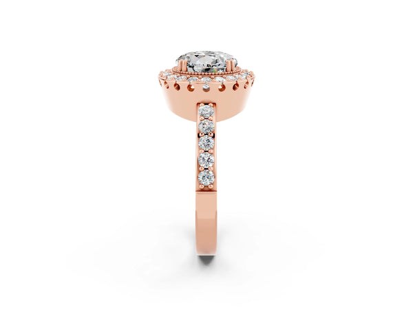 Rose gold Round Cut Moissanite Halo Ring with Pavé Band and Prong Setting