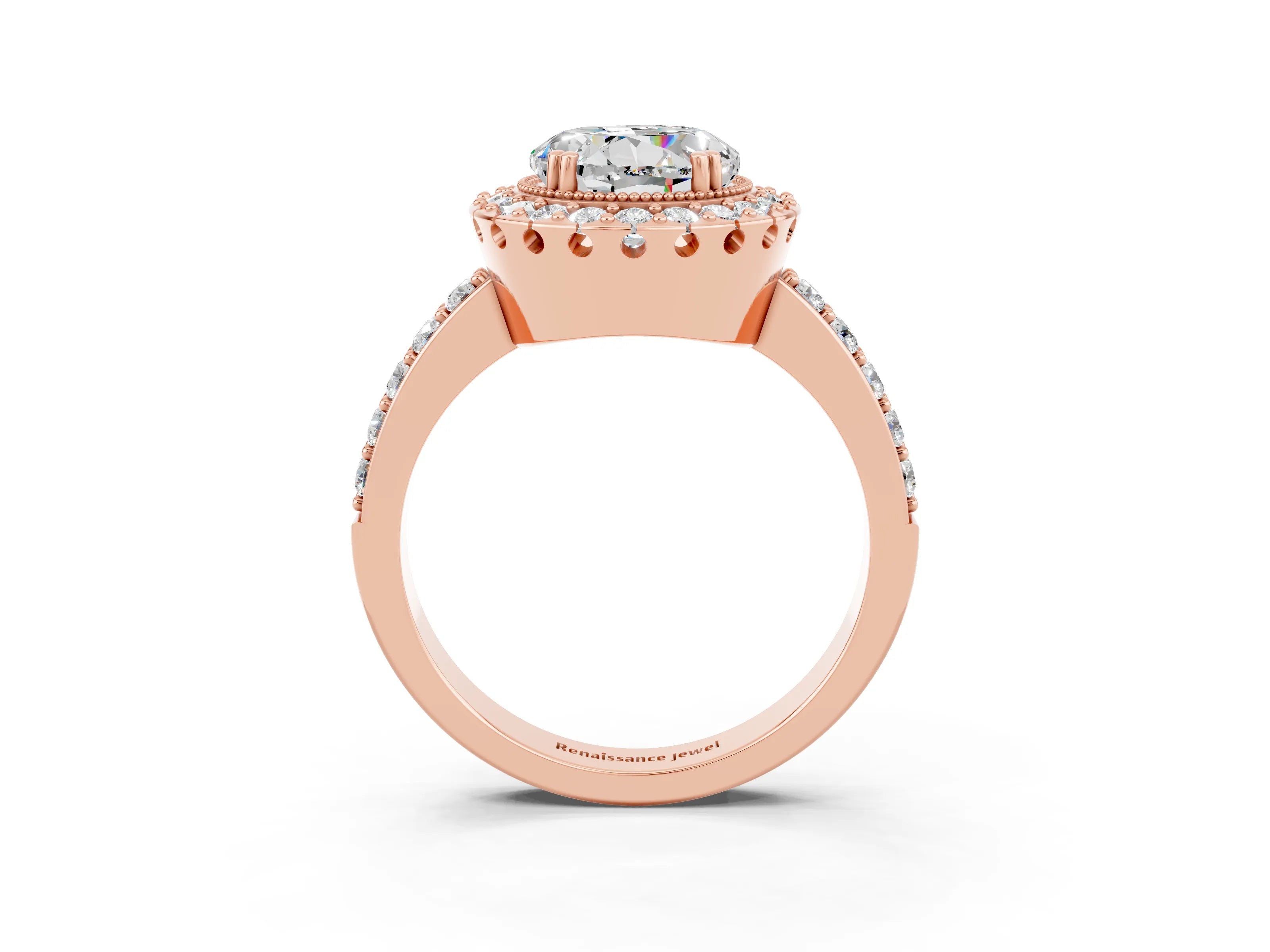 Rose gold Round Cut Moissanite Halo Ring with Pavé Band and Prong Setting_3