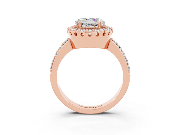 Rose gold Round Cut Moissanite Halo Ring with Pavé Band and Prong Setting