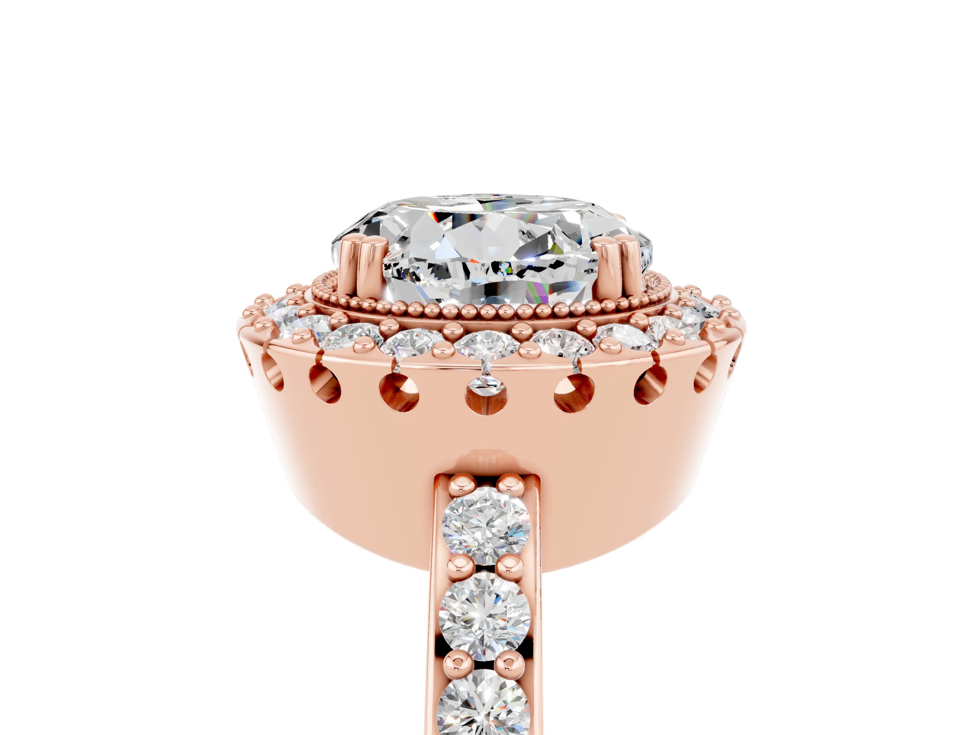 Rose gold Round Cut Moissanite Halo Ring with Pavé Band and Prong Setting_5