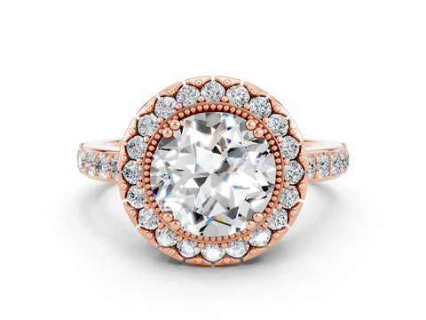 Rose gold Round Cut Moissanite Halo Ring with Pavé Band and Prong Setting