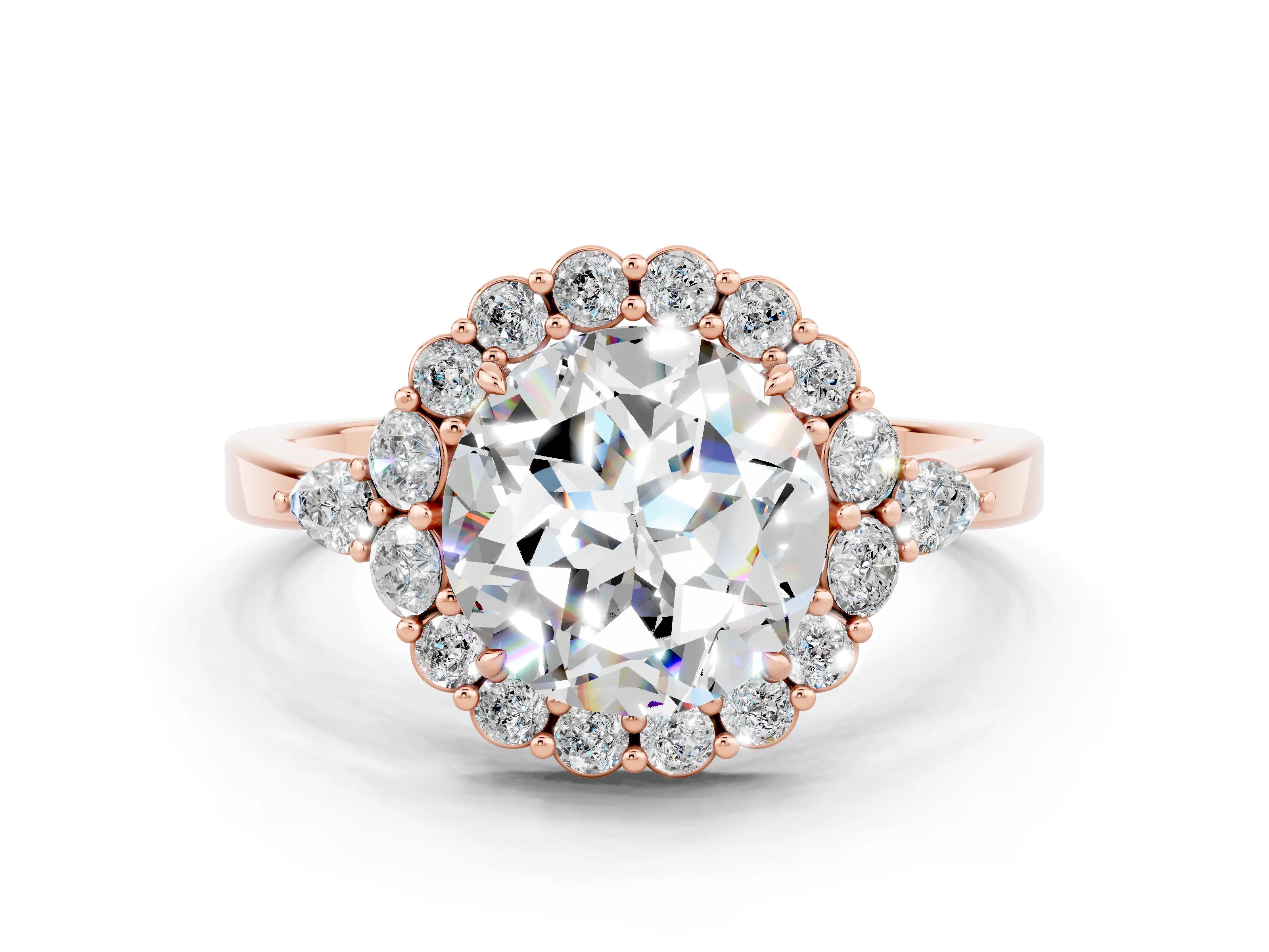 Rose gold Round Cut Moissanite Halo Ring with Pear Side Stones and Prong Setting_12