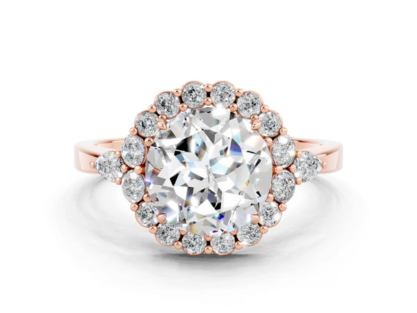 Rose gold Round Cut Moissanite Halo Ring with Pear Side Stones and Prong Setting