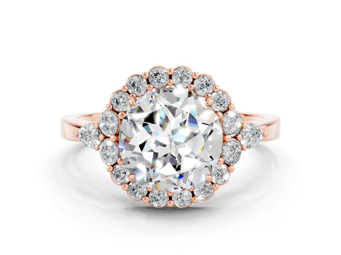 Rose gold Round Cut Moissanite Halo Ring with Pear Side Stones and Prong Setting_12