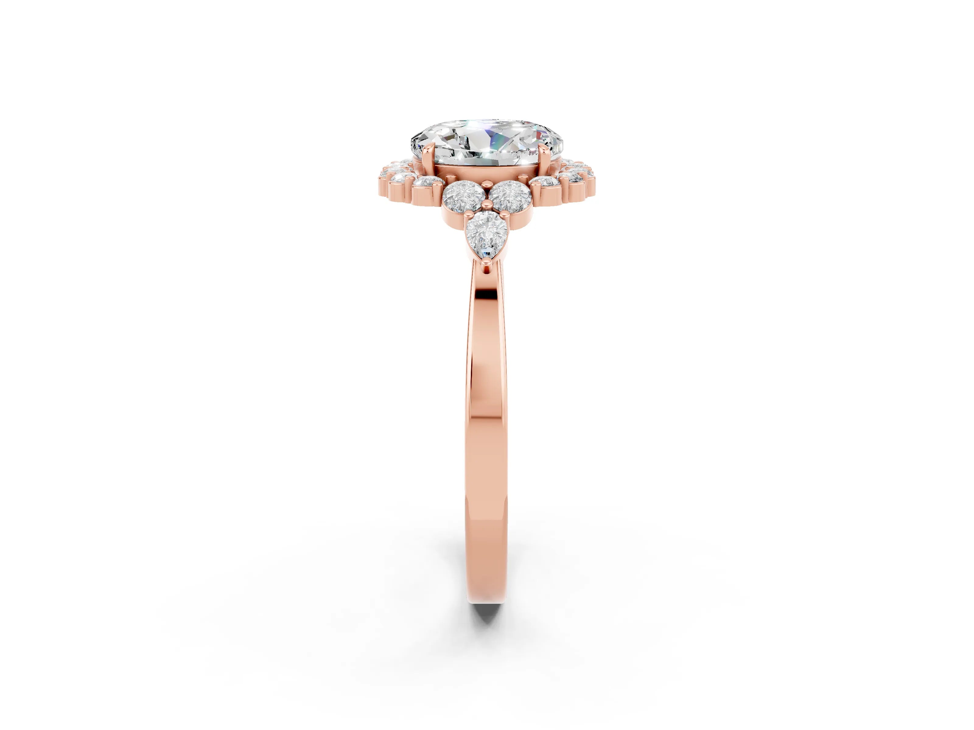 Rose gold Round Cut Moissanite Halo Ring with Pear Side Stones and Prong Setting_14