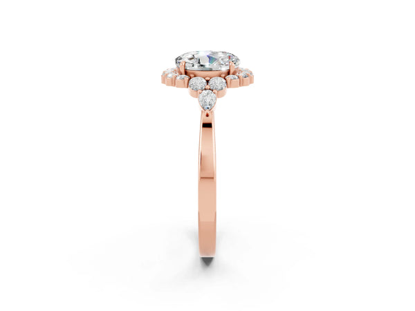 Rose gold Round Cut Moissanite Halo Ring with Pear Side Stones and Prong Setting