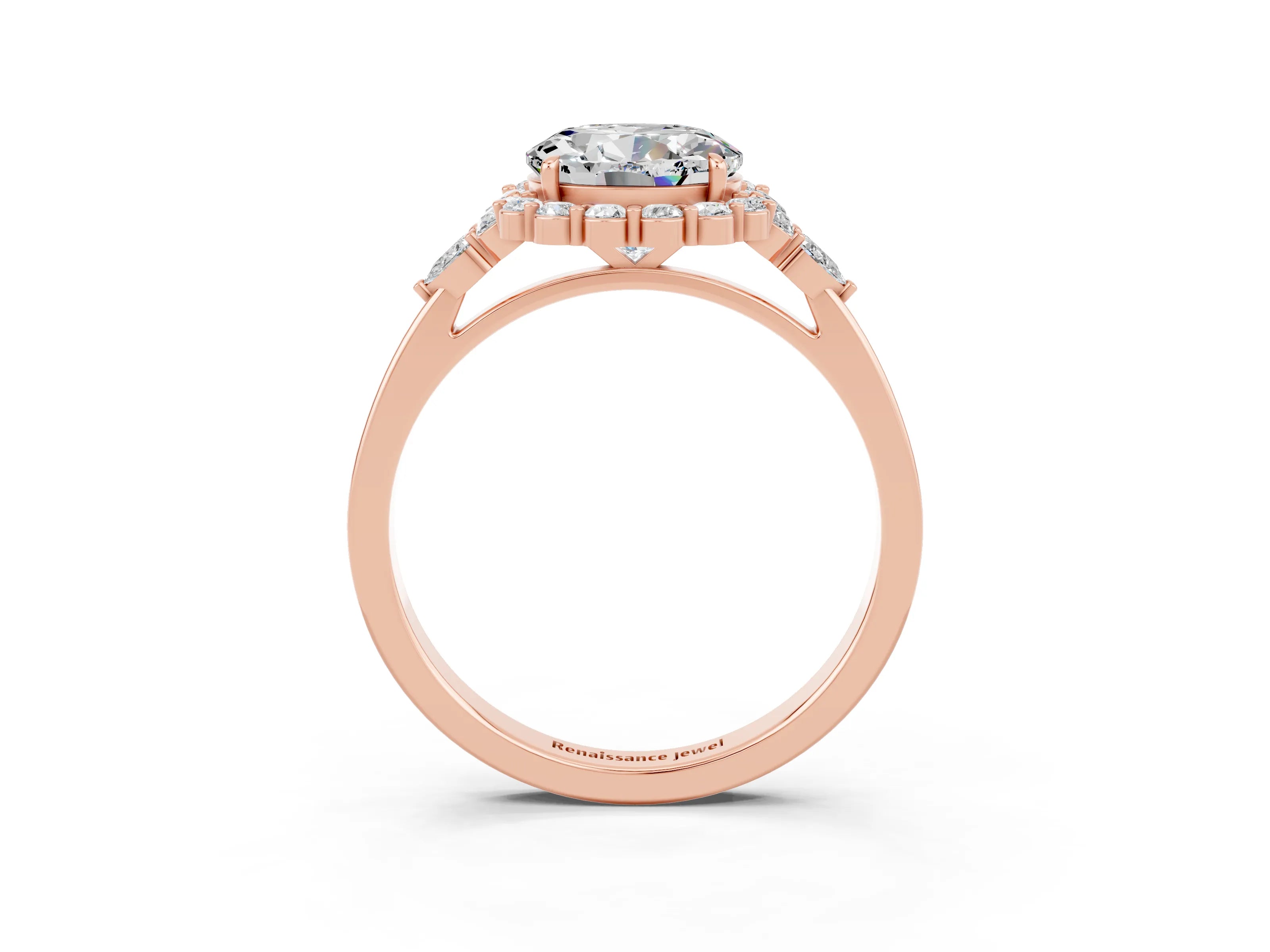 Rose gold Round Cut Moissanite Halo Ring with Pear Side Stones and Prong Setting_15