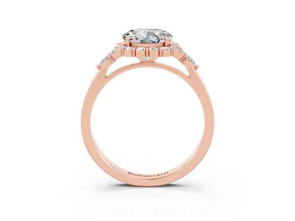 Rose gold Round Cut Moissanite Halo Ring with Pear Side Stones and Prong Setting