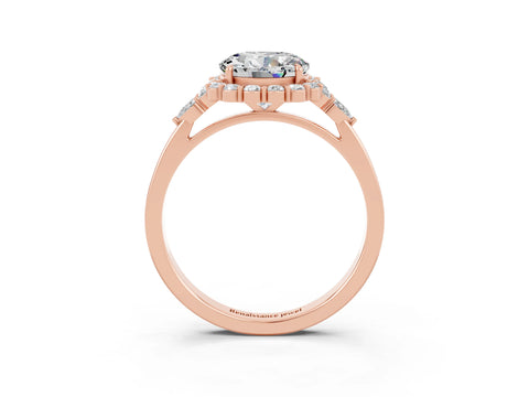 Rose gold Round Cut Moissanite Halo Ring with Pear Side Stones and Prong Setting_15