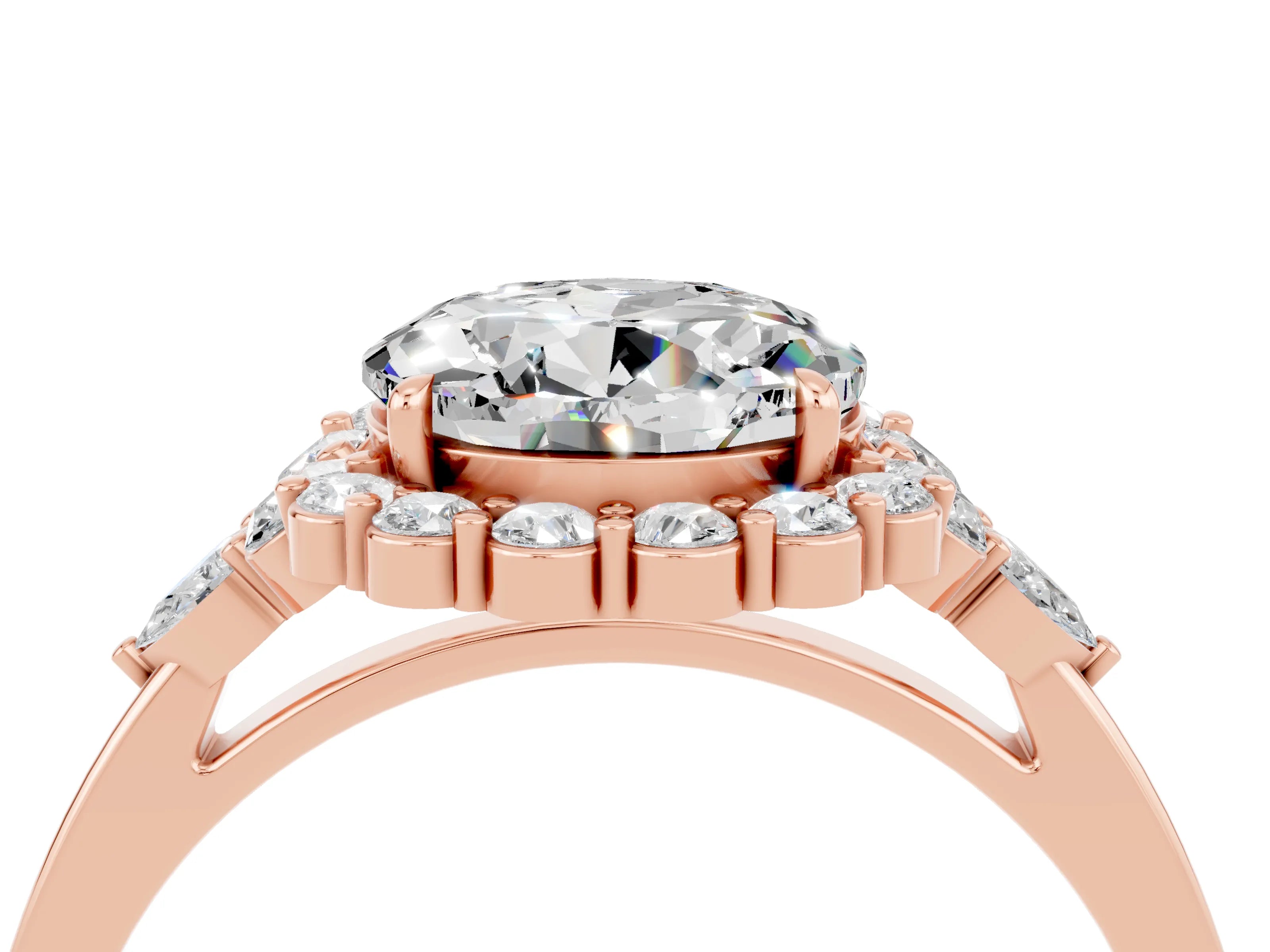 Rose gold Round Cut Moissanite Halo Ring with Pear Side Stones and Prong Setting_16
