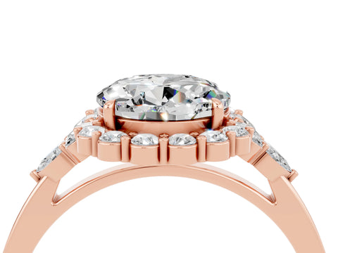 Rose gold Round Cut Moissanite Halo Ring with Pear Side Stones and Prong Setting_16