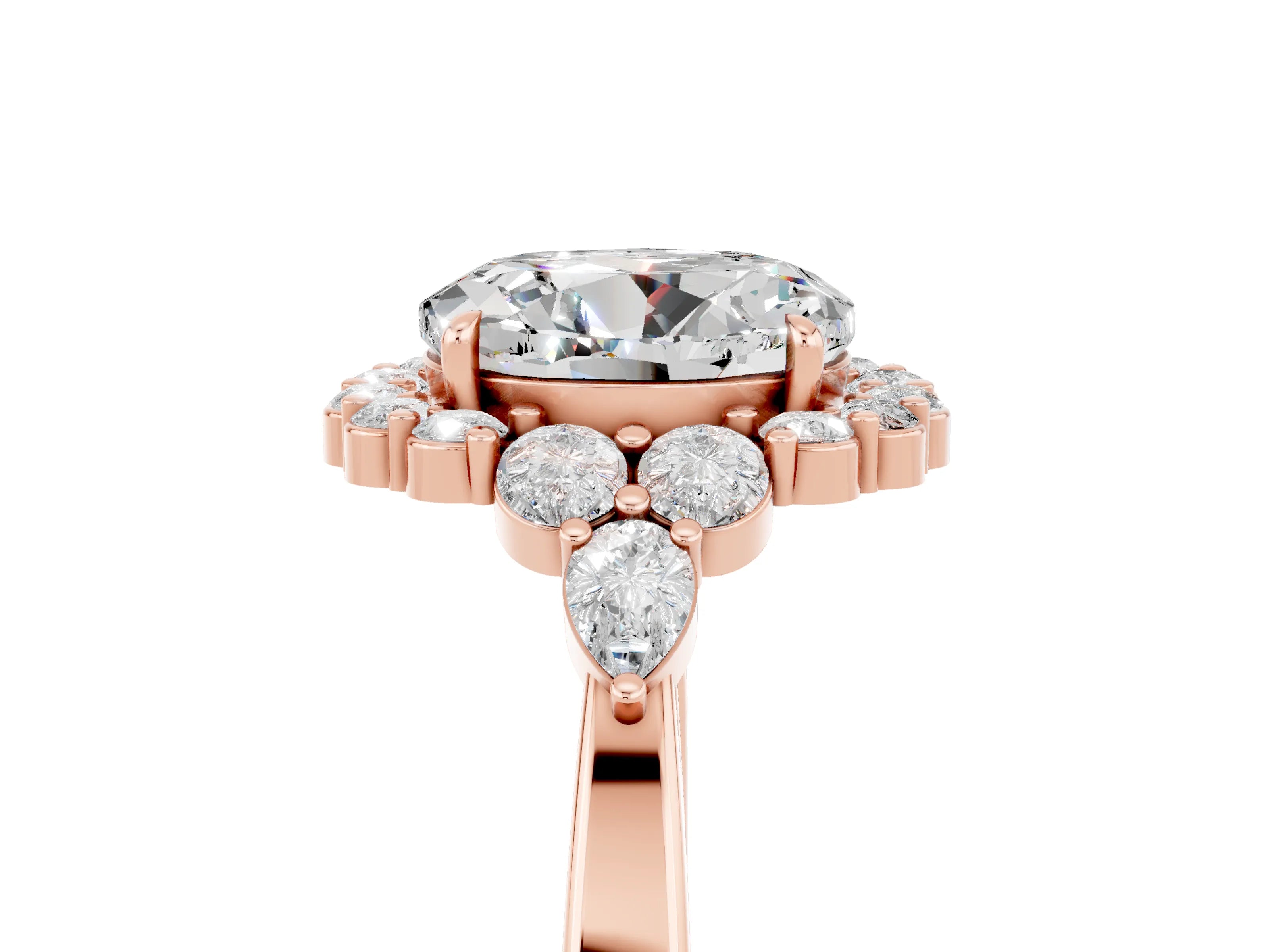 Rose gold Round Cut Moissanite Halo Ring with Pear Side Stones and Prong Setting_17