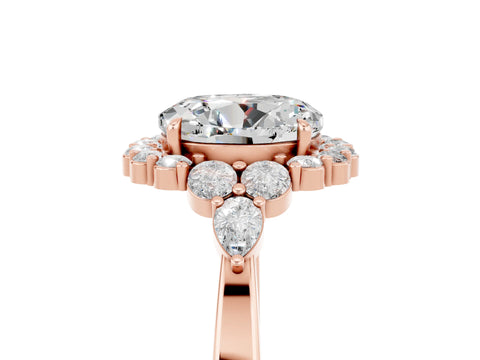 Rose gold Round Cut Moissanite Halo Ring with Pear Side Stones and Prong Setting_17