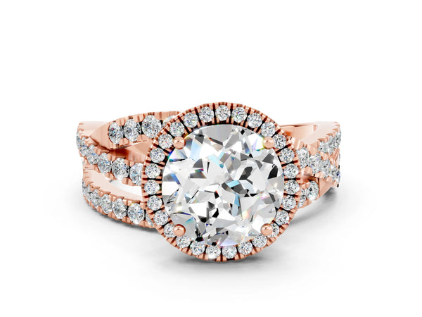 Rose gold Round Cut Moissanite Halo Ring with Round Split Shank and Prong Setting
