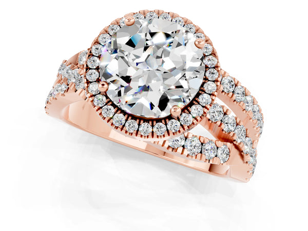 Rose gold Round Cut Moissanite Halo Ring with Round Split Shank and Prong Setting