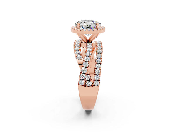 Rose gold Round Cut Moissanite Halo Ring with Round Split Shank and Prong Setting