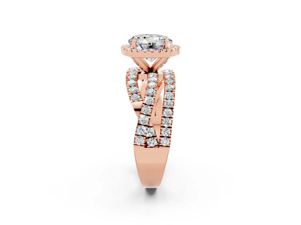 Rose gold Round Cut Moissanite Halo Ring with Round Split Shank and Prong Setting