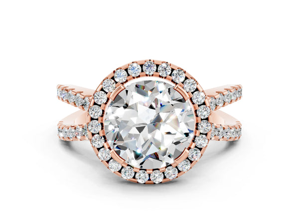 Rose gold Round Cut Moissanite Halo Ring with Split Shank Pavé Band and Prong Setting