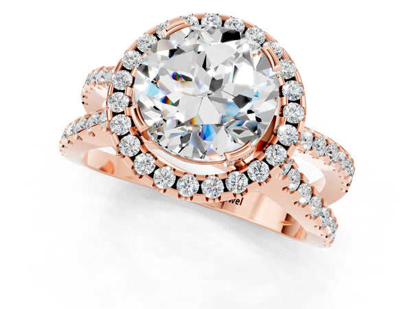 Rose gold Round Cut Moissanite Halo Ring with Split Shank Pavé Band and Prong Setting