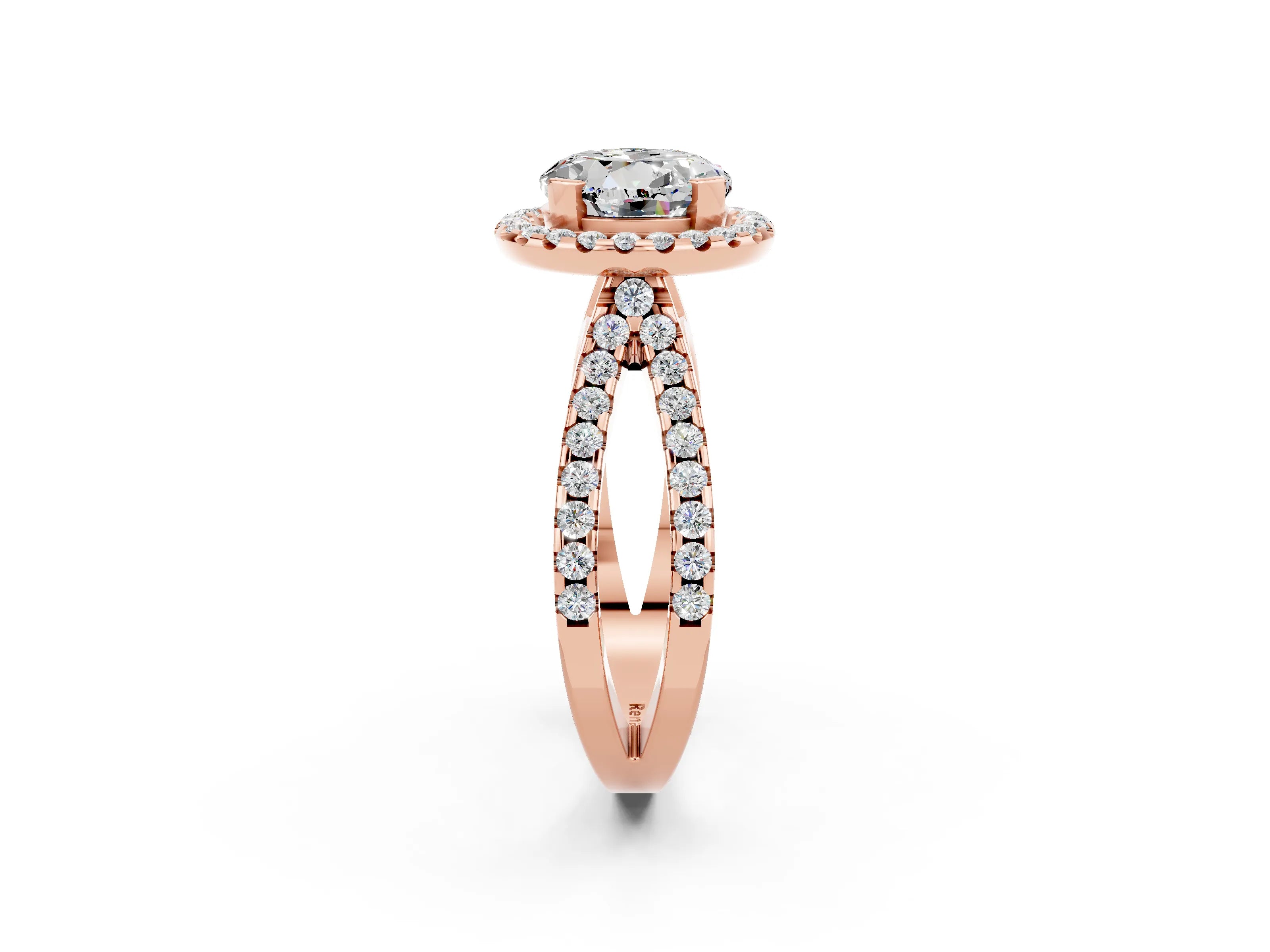 Rose gold Round Cut Moissanite Halo Ring with Split Shank Pavé Band and Prong Setting_2