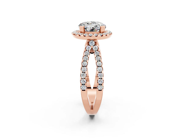 Rose gold Round Cut Moissanite Halo Ring with Split Shank Pavé Band and Prong Setting
