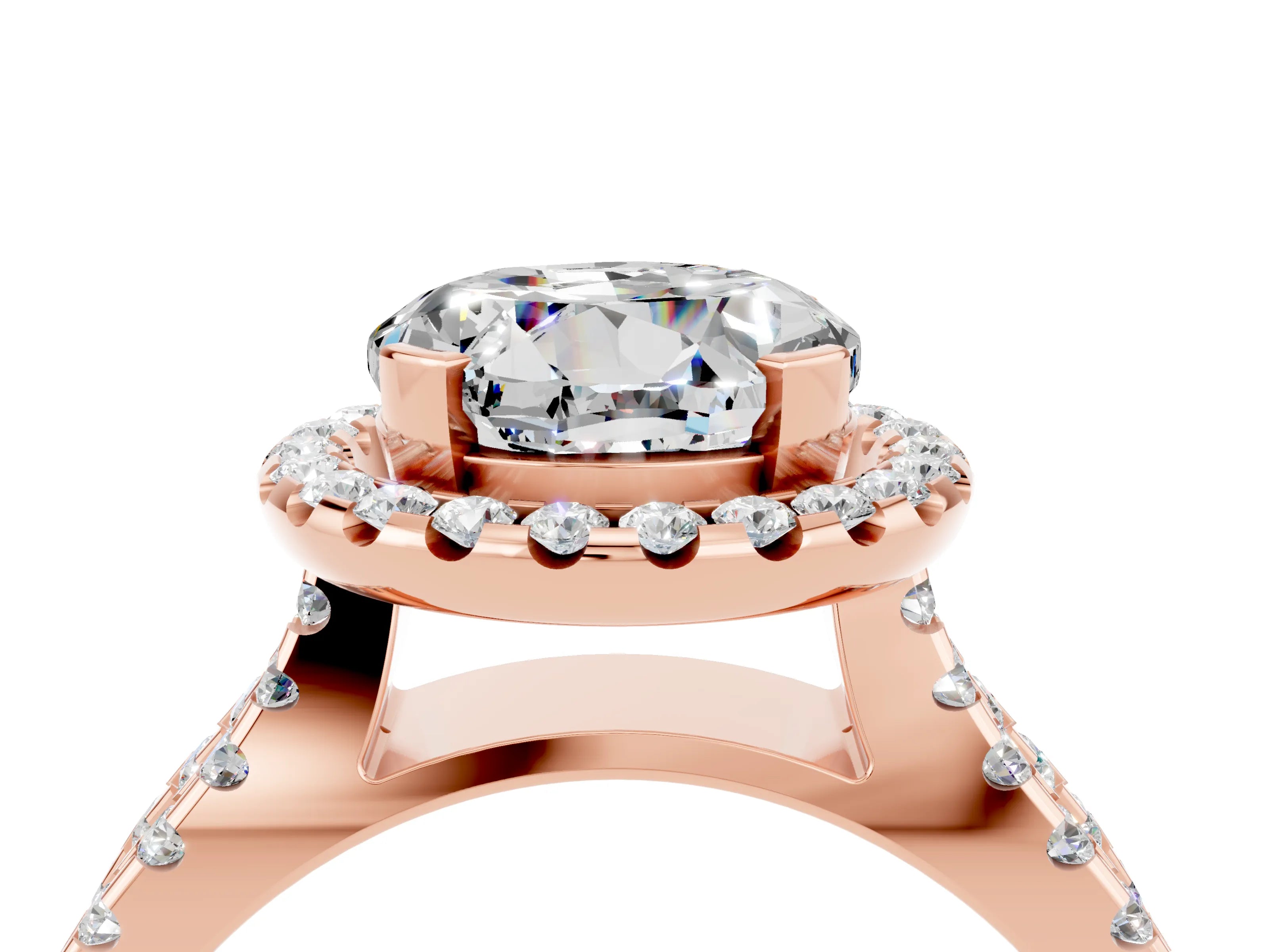 Rose gold Round Cut Moissanite Halo Ring with Split Shank Pavé Band and Prong Setting_4