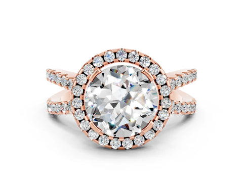 Rose gold Round Cut Moissanite Halo Ring with Split Shank Pavé Band and Prong Setting