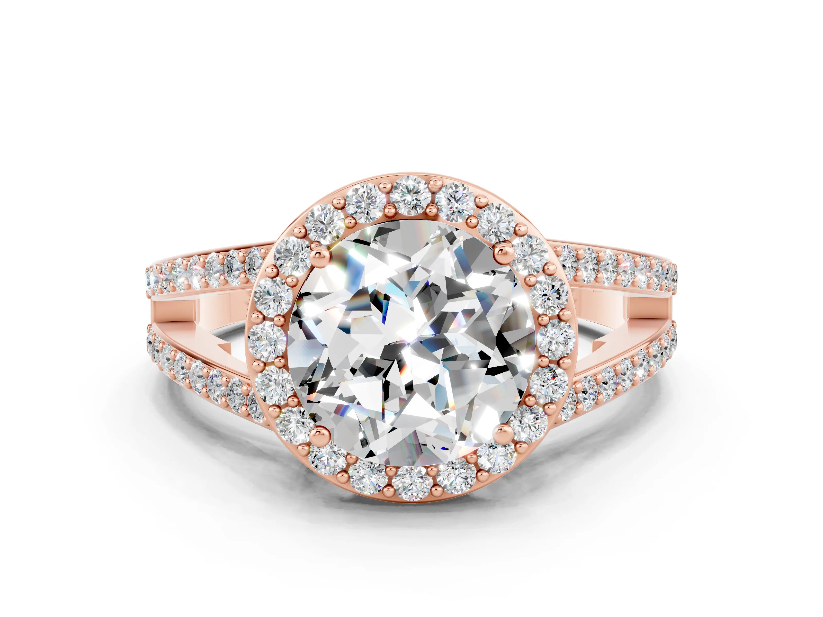 Rose gold Round Cut Moissanite Halo Ring with Split Shank U-Prong Band and Four-Prong Setting