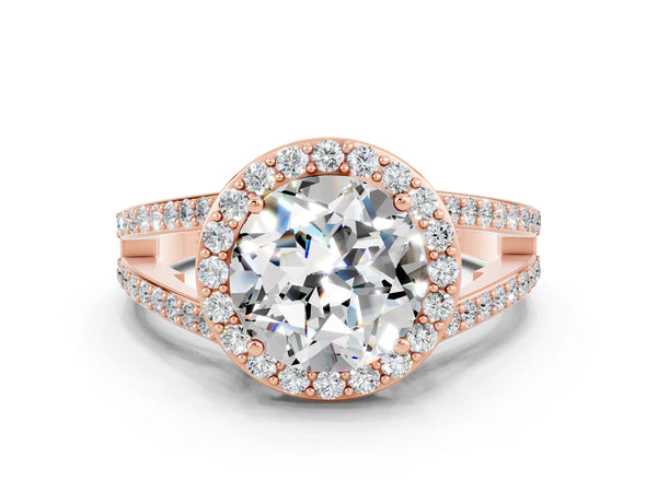 Rose gold Round Cut Moissanite Halo Ring with Split Shank U-Prong Band and Four-Prong Setting