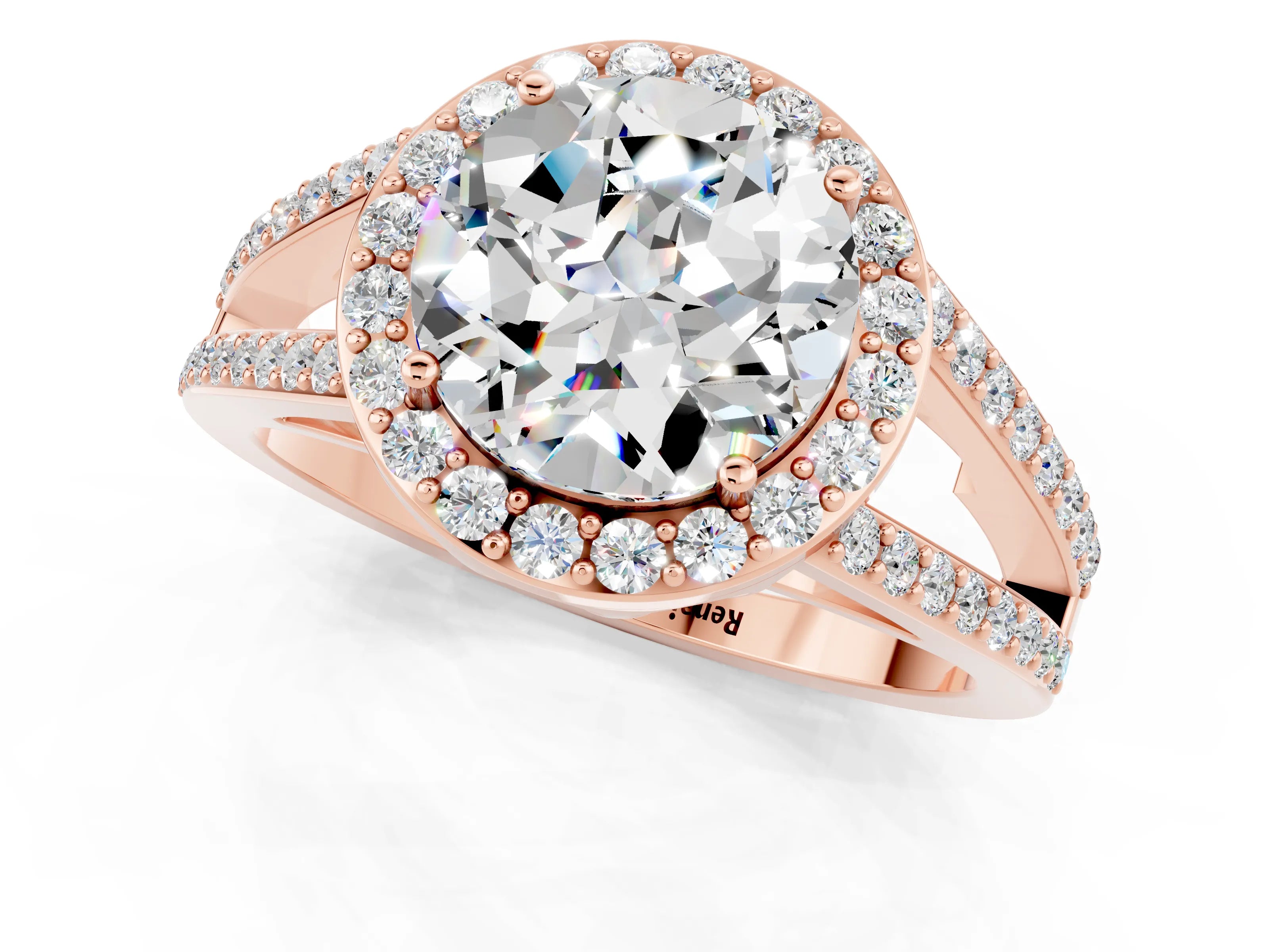 Rose gold Round Cut Moissanite Halo Ring with Split Shank U-Prong Band and Four-Prong Setting_1