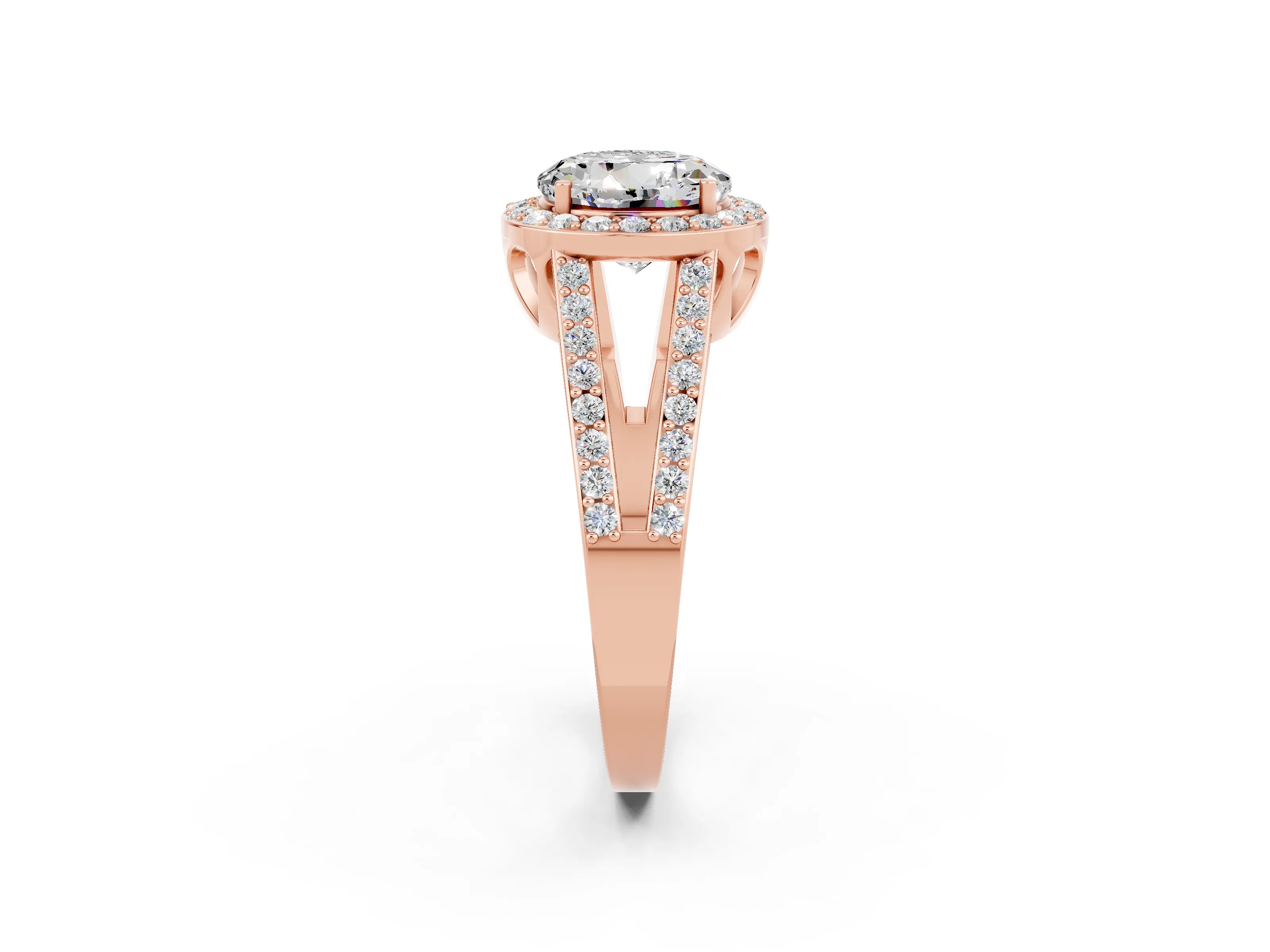 Rose gold Round Cut Moissanite Halo Ring with Split Shank U-Prong Band and Four-Prong Setting_2