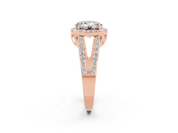 Rose gold Round Cut Moissanite Halo Ring with Split Shank U-Prong Band and Four-Prong Setting
