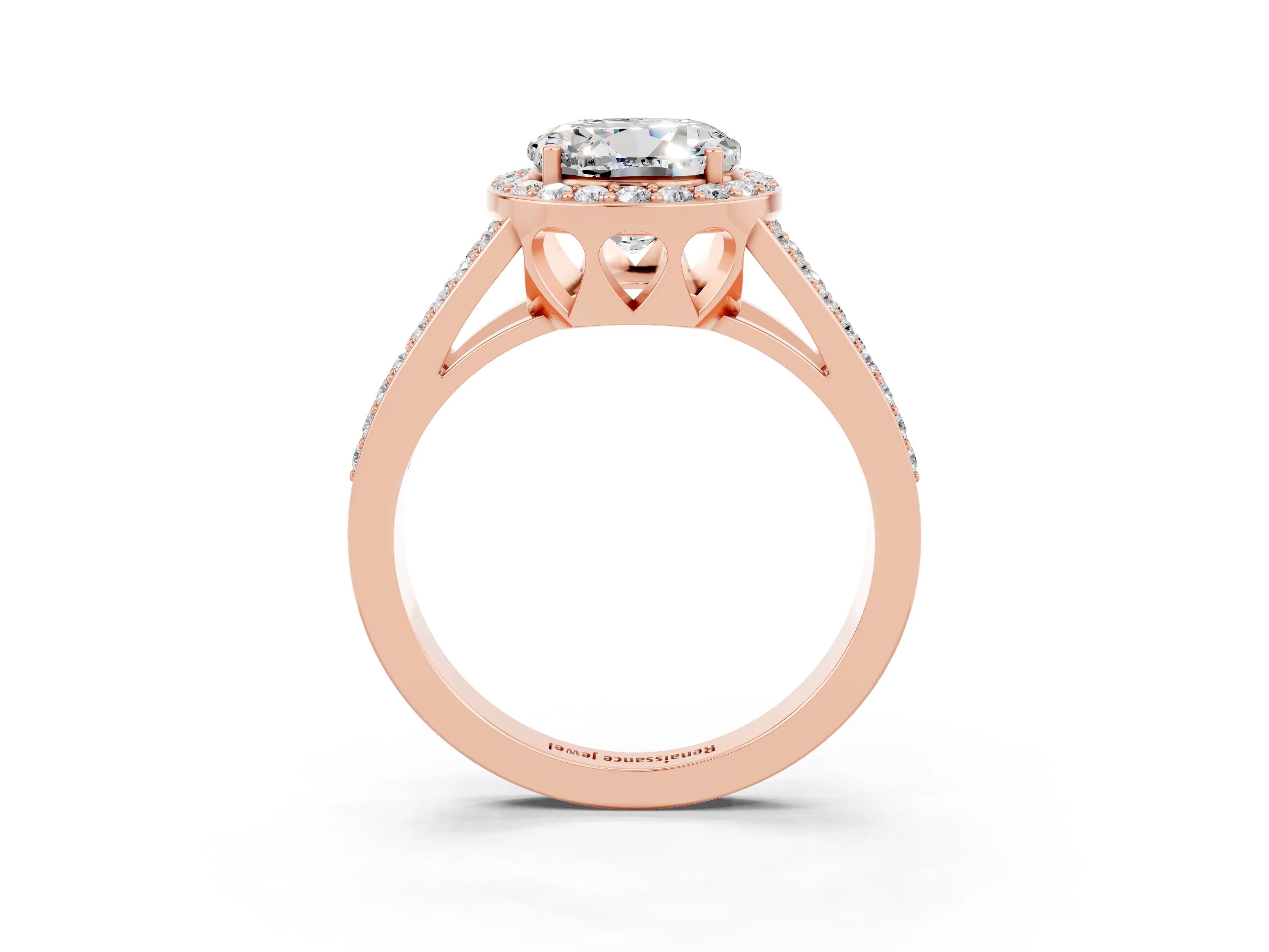 Rose gold Round Cut Moissanite Halo Ring with Split Shank U-Prong Band and Four-Prong Setting_3