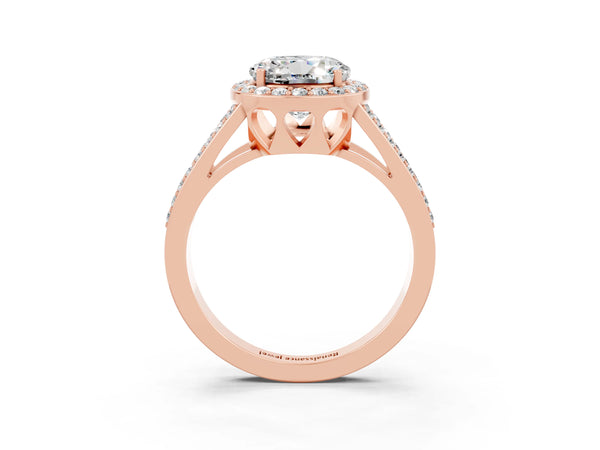 Rose gold Round Cut Moissanite Halo Ring with Split Shank U-Prong Band and Four-Prong Setting