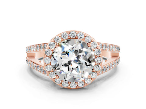 Rose gold Round Cut Moissanite Halo Ring with Split Shank U-Prong Band and Four-Prong Setting