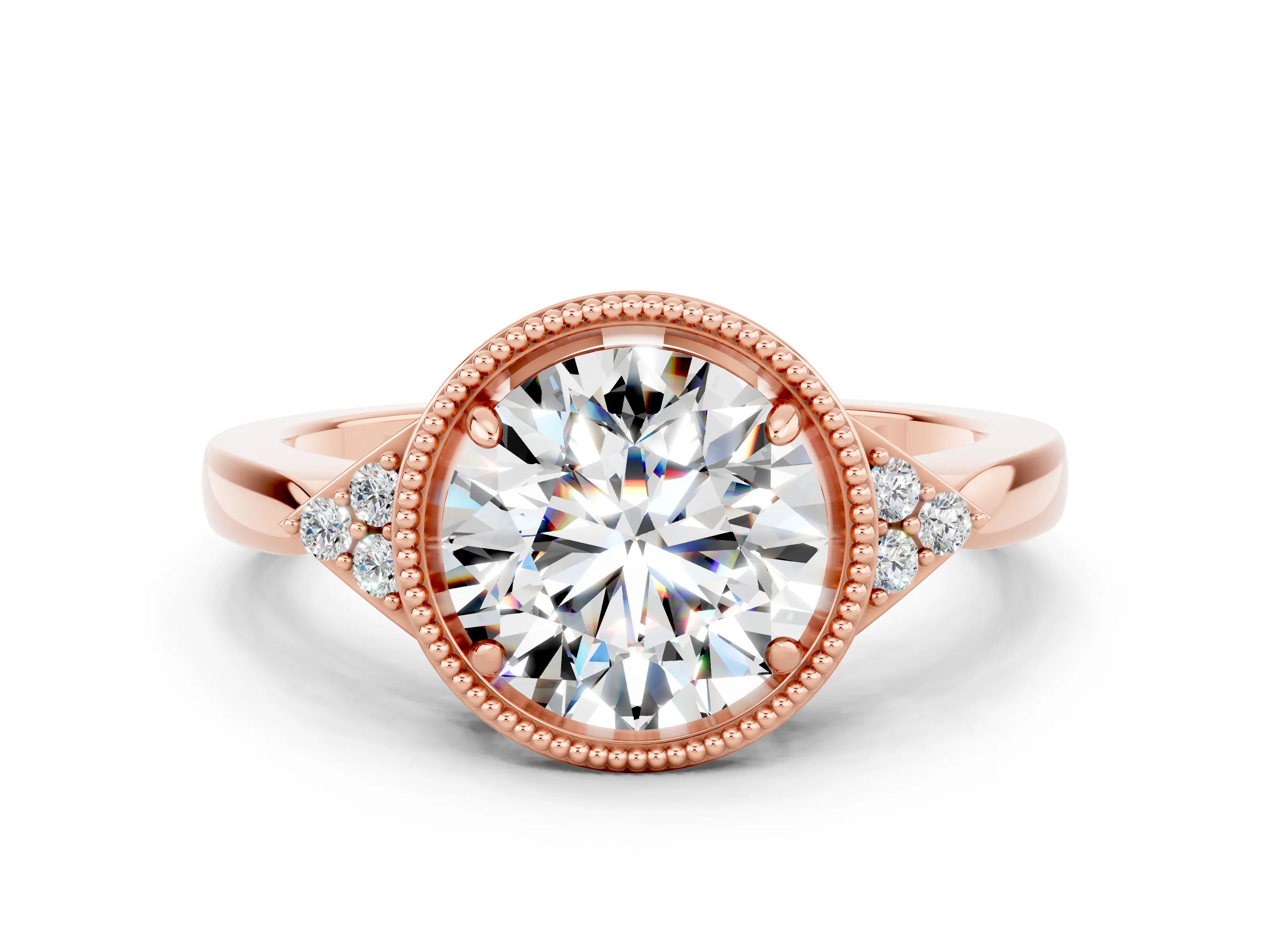 Rose gold Round Cut Moissanite Halo Ring with Tapered Band and Four-Prong Setting