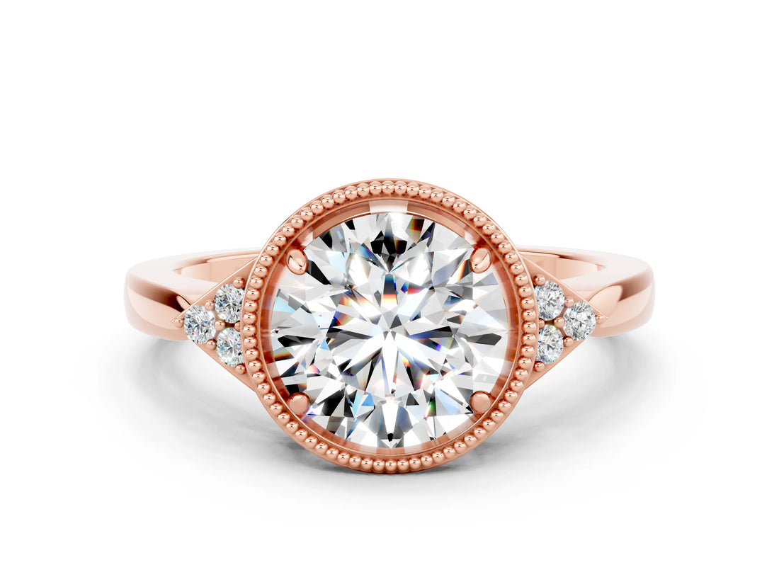 Rose gold Round Cut Moissanite Halo Ring with Tapered Band and Four-Prong Setting