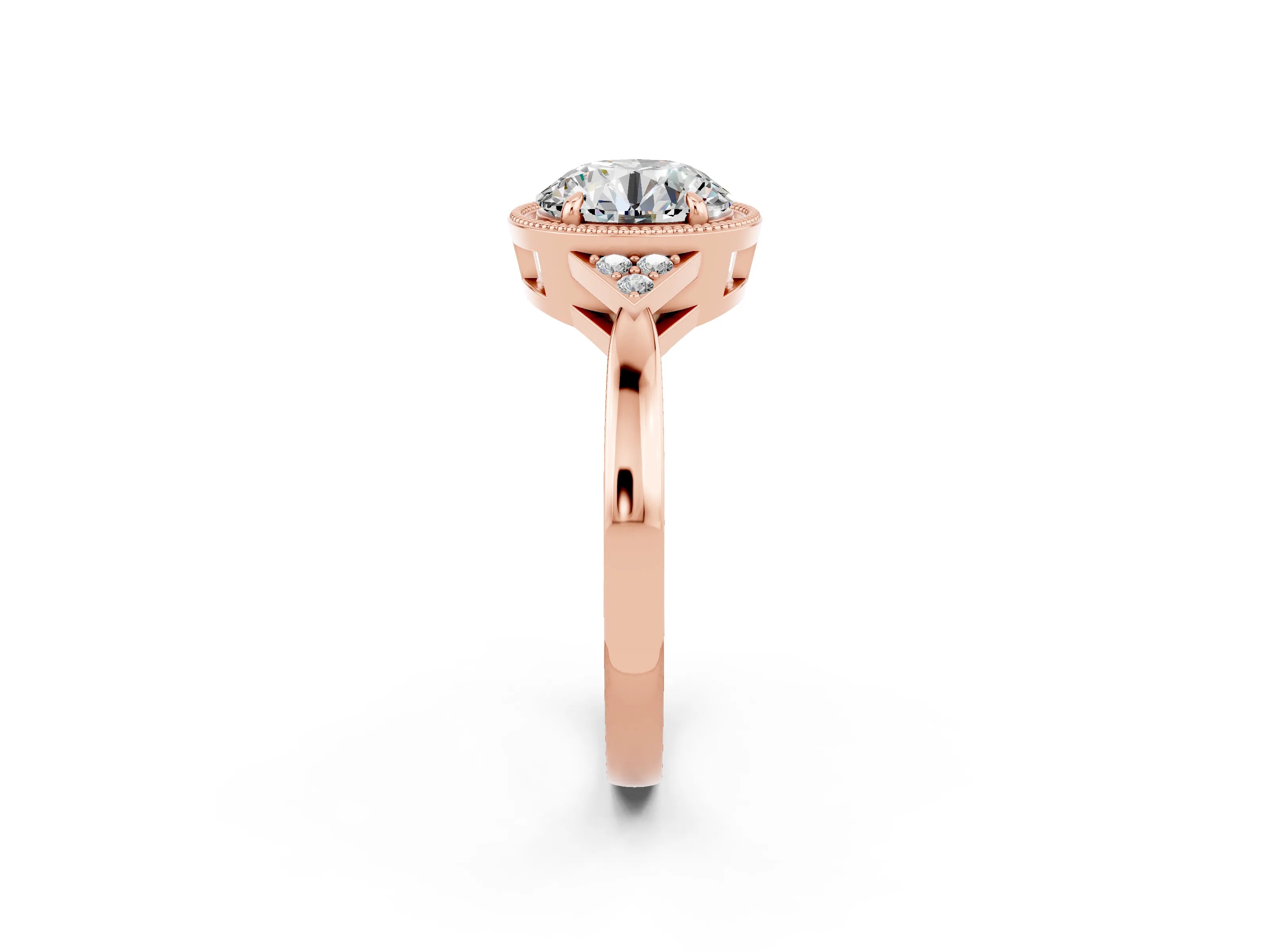 Rose gold Round Cut Moissanite Halo Ring with Tapered Band and Four-Prong Setting_2