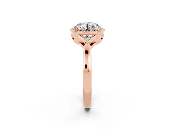 Rose gold Round Cut Moissanite Halo Ring with Tapered Band and Four-Prong Setting