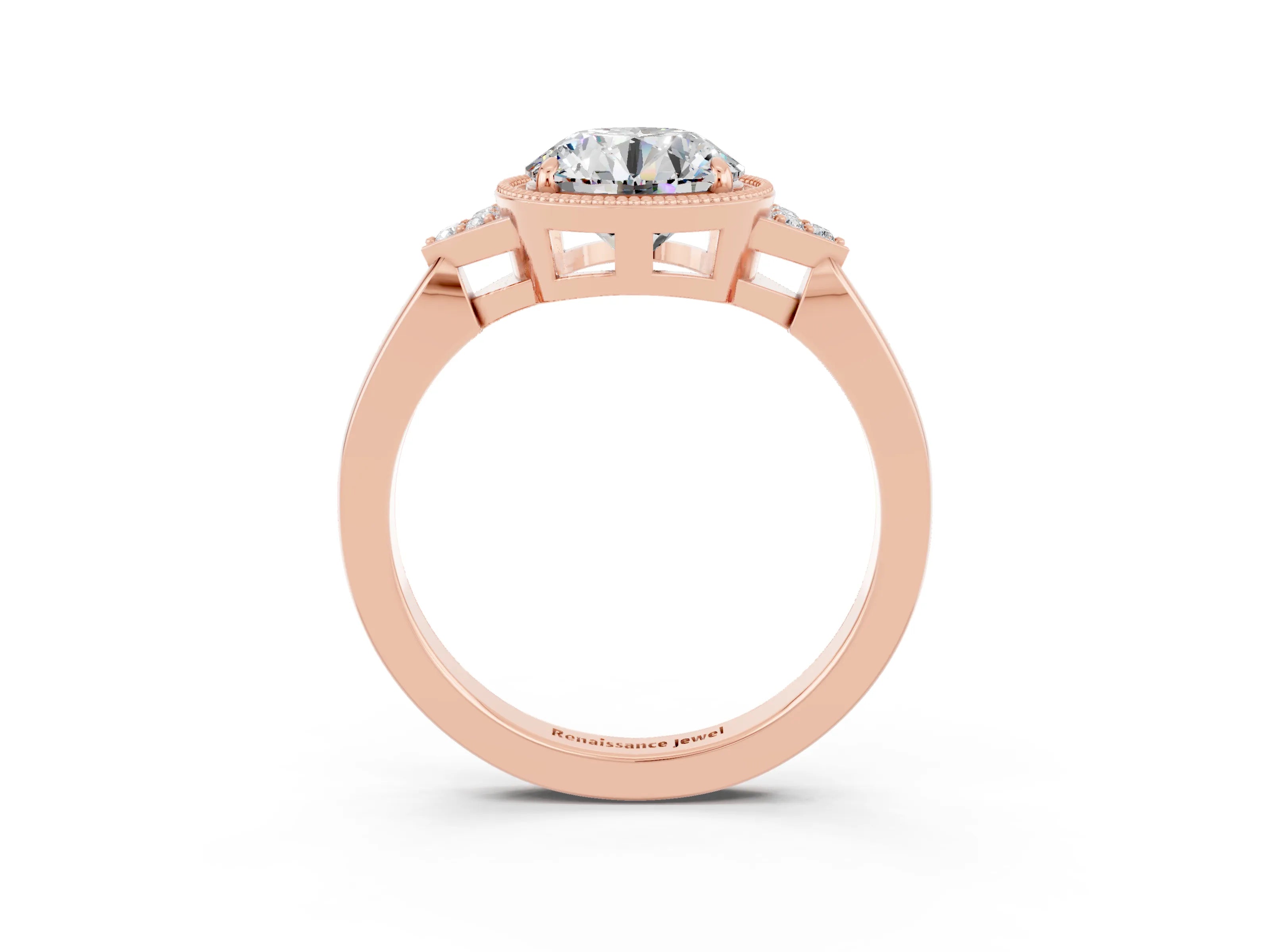 Rose gold Round Cut Moissanite Halo Ring with Tapered Band and Four-Prong Setting_3