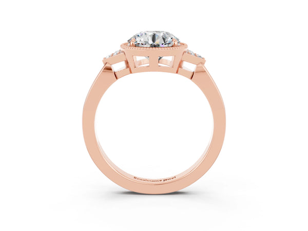 Rose gold Round Cut Moissanite Halo Ring with Tapered Band and Four-Prong Setting