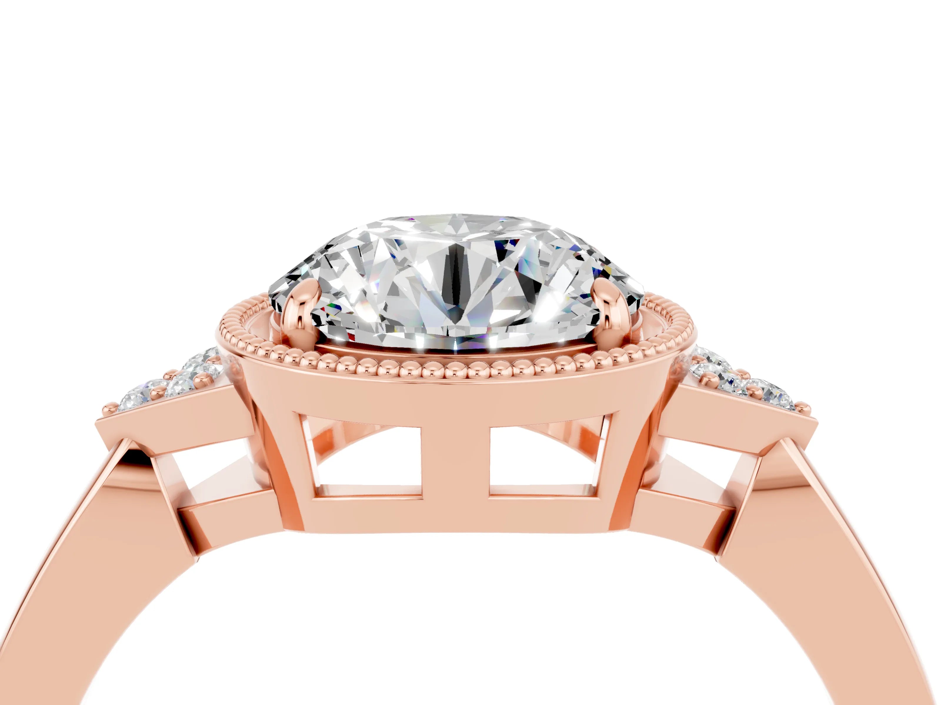 Rose gold Round Cut Moissanite Halo Ring with Tapered Band and Four-Prong Setting_4