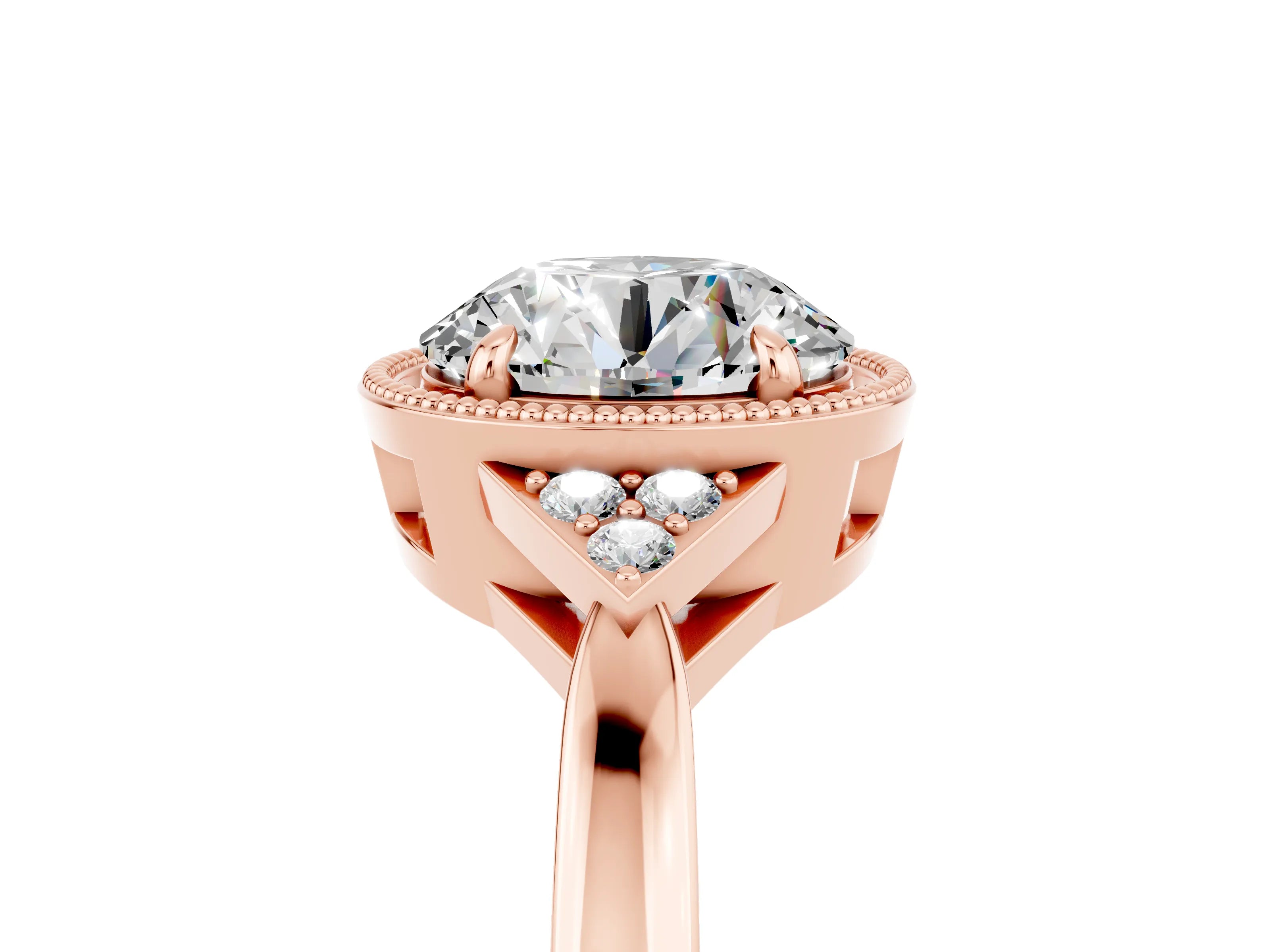 Rose gold Round Cut Moissanite Halo Ring with Tapered Band and Four-Prong Setting_5