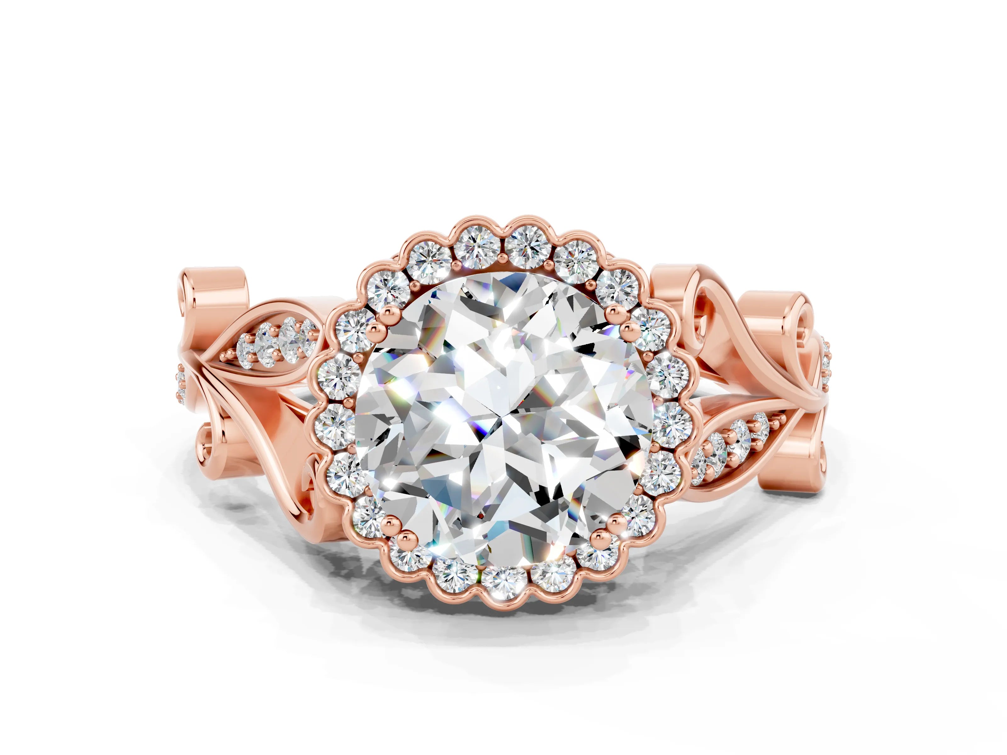Rose gold Round Cut Moissanite Halo Ring with Vintage Split Shank and Four-Prong Setting