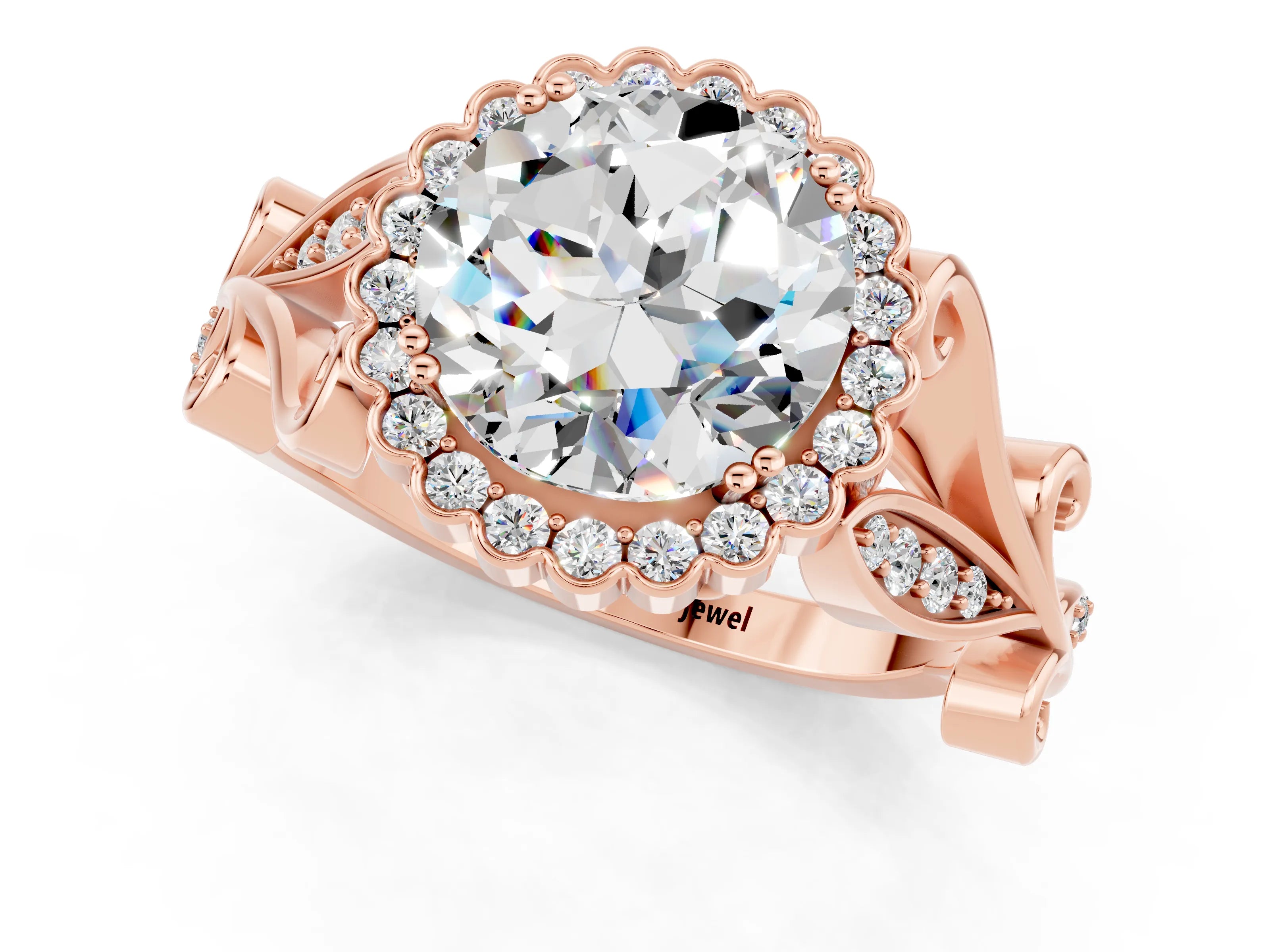 Rose gold Round Cut Moissanite Halo Ring with Vintage Split Shank and Four-Prong Setting_1