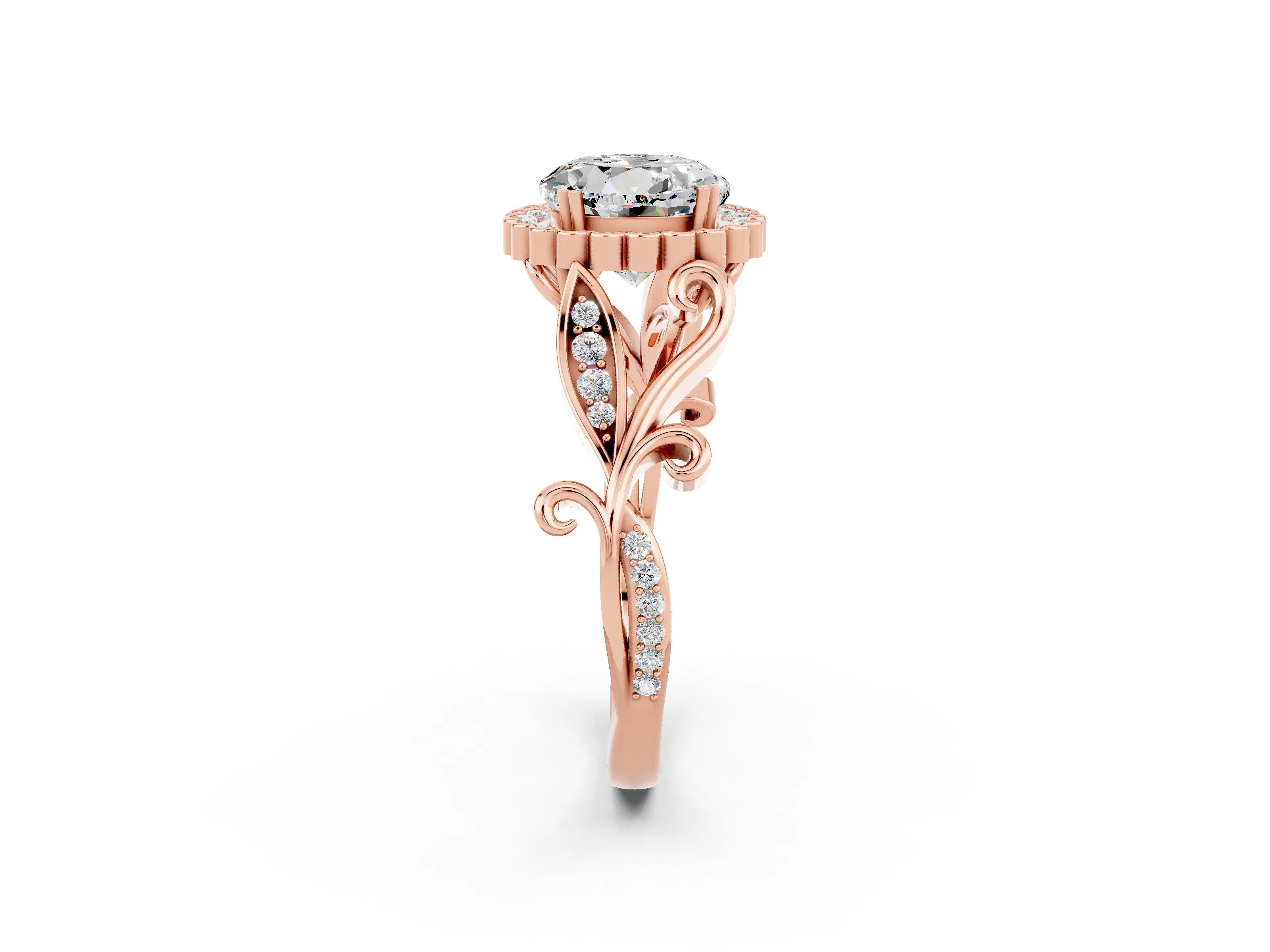 Rose gold Round Cut Moissanite Halo Ring with Vintage Split Shank and Four-Prong Setting_2