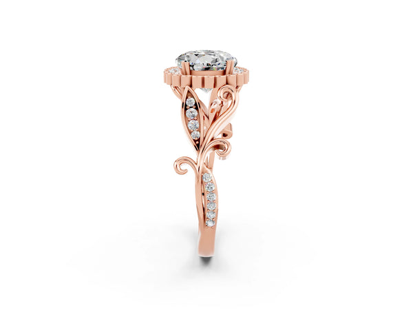 Rose gold Round Cut Moissanite Halo Ring with Vintage Split Shank and Four-Prong Setting