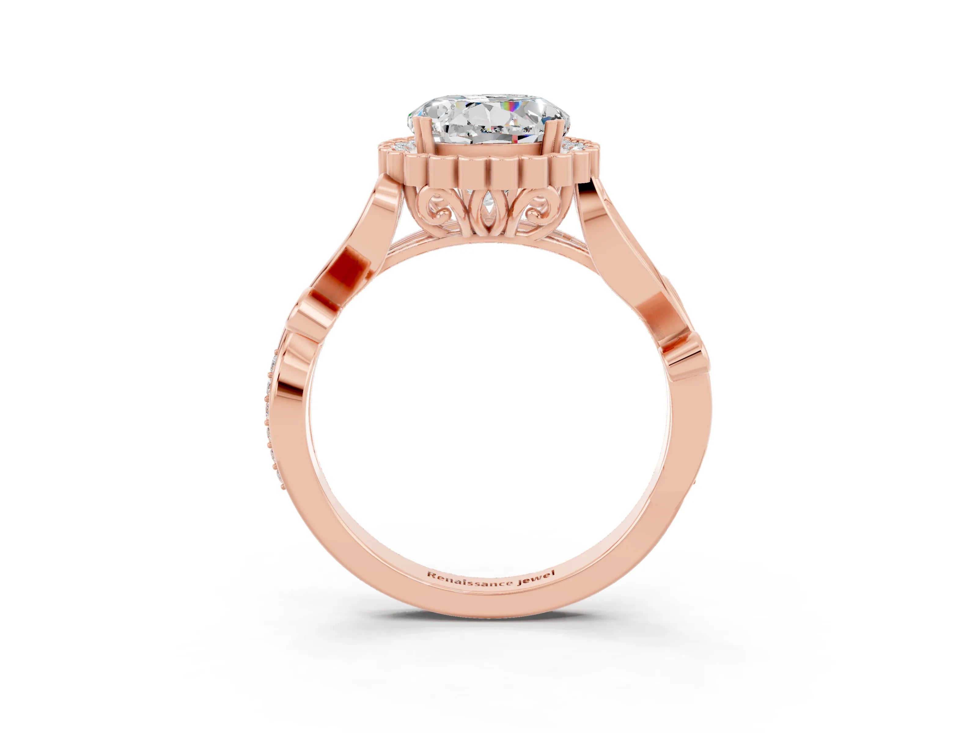 Rose gold Round Cut Moissanite Halo Ring with Vintage Split Shank and Four-Prong Setting_3
